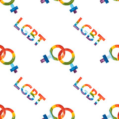 Seamless pattern. Rainbow colored lesbian sex symbols & lettering LGBT painted in watercolor on white background. Gender identity icon.