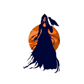 Mysterious Woman Sorcerer Holding Raven Bird Logo Illustration