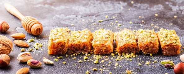 Homemade baklava with nuts and honey.