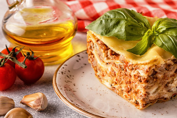 Traditional lasagna made with minced beef bolognese sauce and bechamel sauce.