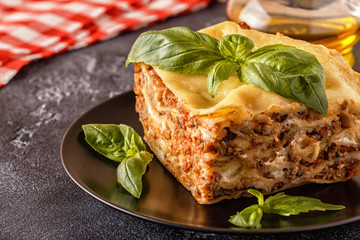 Traditional lasagna made with minced beef bolognese sauce and bechamel sauce.