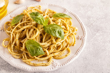Pasta with homemade pesto sauce.