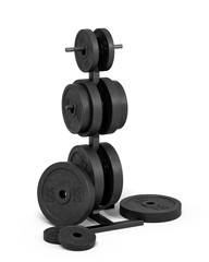 Obraz na płótnie Canvas 3d rendering of an isolated black rack full of different black barbell weights stored on it.