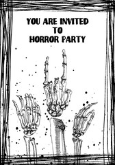 Halloween holiday black white card with hand drawing. Hand drawn flyer posters and greeting card with handwritten lettering text words quote and phrase. Vector.