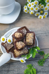 Handmade chocolates on the table. Selective focus