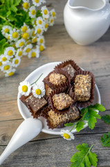 Handmade chocolates on the table. Selective focus