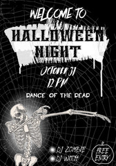 Halloween vertical background with skeletons dancing DAB. Flyer or invitation template for Halloween party and night. Handwritten calligraphy greetings, dance of the dead all night. Vector.
