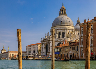 View of the 17th-century Santa Maria di Salute Basilica on Grand Canal in Venice