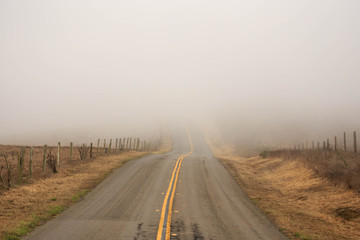 Fototapeta premium Empty country road disappears into thick fog
