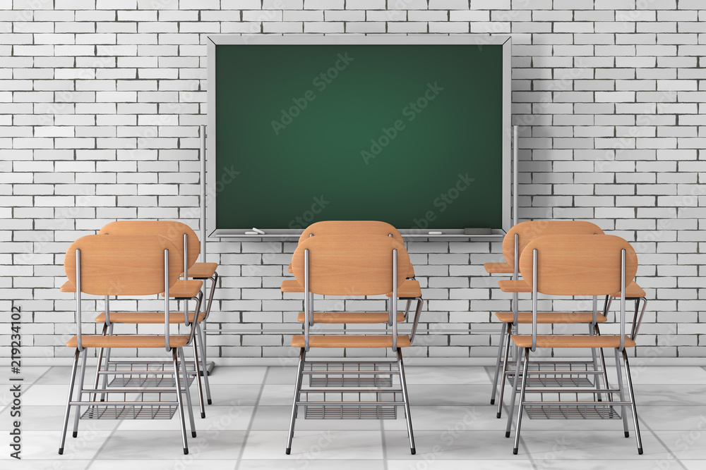 Poster rows of wooden lecture school or college desk tables with chairs near chalkboard. 3d rendering