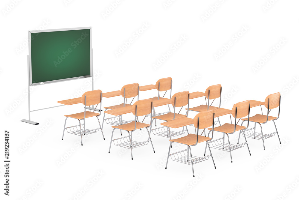 Poster rows of wooden lecture school or college desk tables with chairs near chalkboard. 3d rendering