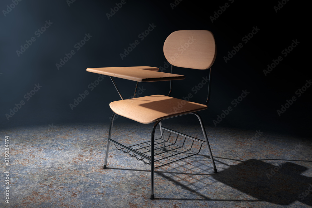 Poster wooden lecture school or college desk table with chair in the volumetric light. 3d rendering