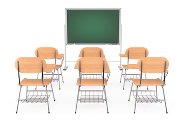 Rows of Wooden Lecture School or College Desk Tables with Chairs near Chalkboard. 3d Rendering