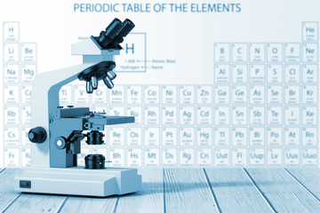 Modern Laboratory Microscope in front of Periodic Table of Elements in Blue Key. 3d Rendering