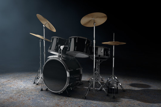 Professional Rock Black Drum Kit in the Volumetric Light. 3d Rendering