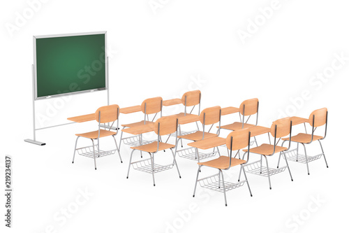 Rows Of Wooden Lecture School Or College Desk Tables With Chairs