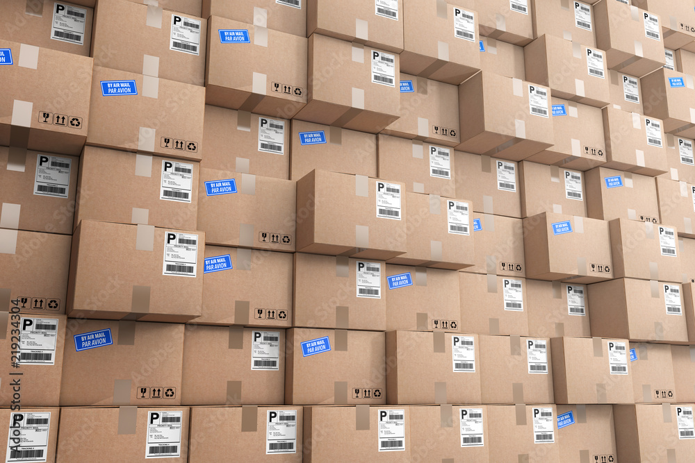 Poster logistics concept. stack of rows cardboard boxes in warehouse. 3d rendering