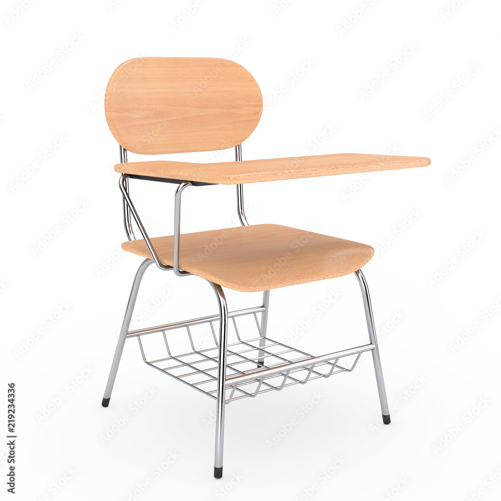 Poster wooden lecture school or college desk table with chair. 3d rendering