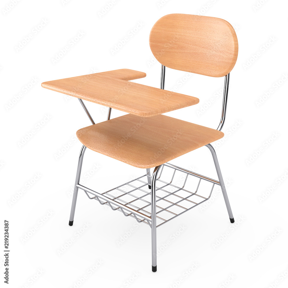Poster wooden lecture school or college desk table with chair. 3d rendering