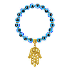 Bracelet with Golden Hamsa, Hand of Fatima Amulet and Evil Eye Beads. 3d Rendering © doomu
