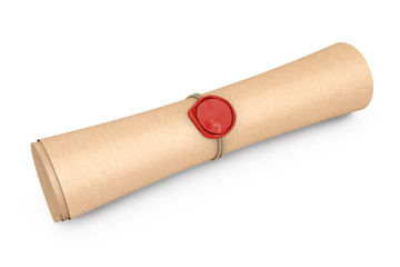 Old Rolled Paper with Seal with Sealing Wax. 3d Rendering