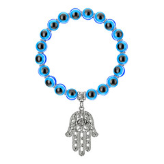 Bracelet with Silver Hamsa, Hand of Fatima Amulet and Evil Eye Beads. 3d Rendering