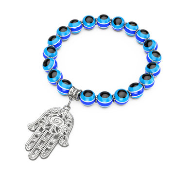 Bracelet with Silver Hamsa, Hand of Fatima Amulet and Evil Eye Beads. 3d Rendering