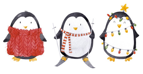 Watercolor christmas baby penguin set