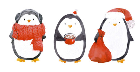 Watercolor christmas baby penguin set