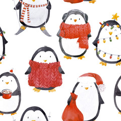 Watercolor christmas baby penguin pattern © zenina