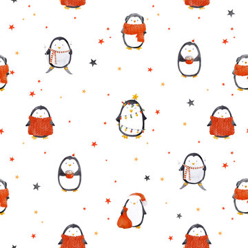 Watercolor christmas baby penguin pattern