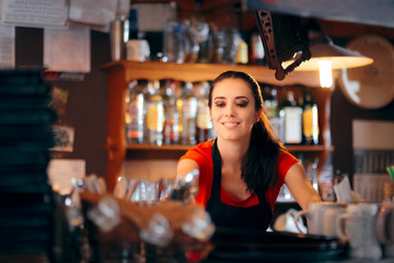 Cheerful Female Bartender Working Behind the Counter