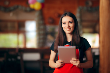 Restaurant Waitress with Pc Tablet Managing Orders