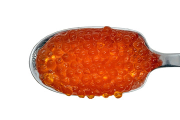 Spoon with red sturgeon caviar. Isolated white background