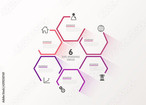 Six Colorful Hexagon Vector Progress Steps Illustration With Icons - six colorful hexagon vector progress steps illustration with icons and place for your company information