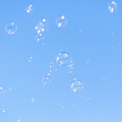 Soap bubbles in flight against the blue sky