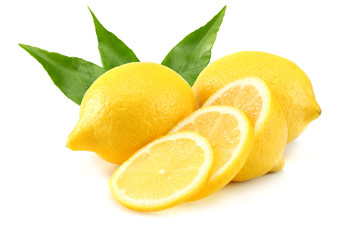 healthy food. lemon with slices and green leaf isolated on white background