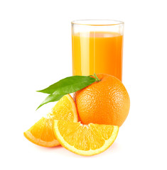 orange juice with orange and green leaf isolated on white background. juice in glass
