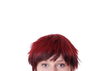 upper part of a womans head with blue eyes peeking isolated on white               