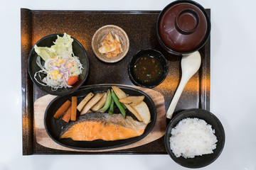 Grilled Salmon with Vegetables and Rice. Japanese food set.