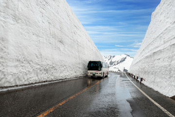 Fototapeta premium Snow wall at Kurobe alpine in Japan with bus for tourists on Tateyama Kurobe Alpine Route, Japanese Alp in Tateyama, Japan