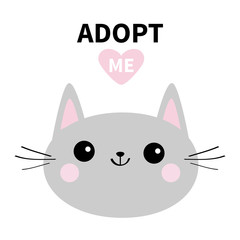 Adopt me. Dont buy. Gray cat round head silhouette. Pink heart. Pet adoption. Kawaii animal. Cute cartoon kitty character. Funny baby kitten. Help homeless animal Flat design. White background