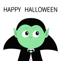 Happy Halloween. Count Dracula wearing black cape. Cute cartoon funny spooky vampire baby character. Green face with fangs. Greeting card. Flat design. White background. Isolated.
