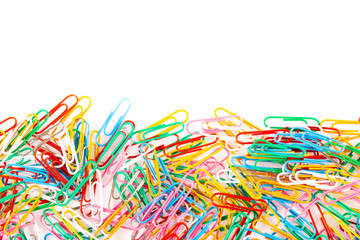 A colorful paper clip arranged nicely isolate on a white background. Close up shot.