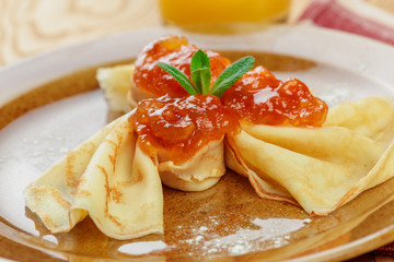 Russian pancakes healthy breakfast dish close up