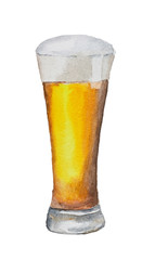 Watercolor glass of beer isolated on white