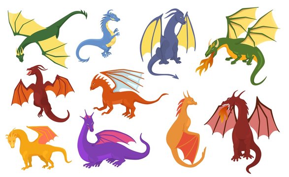 Dragon cartoon vector cute dragonfly dino character baby dinosaur for kids fairytale dino illustration childish set isolated on white background