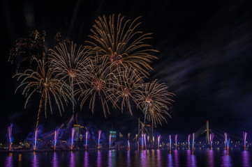Magnificent fireworks over the River Daugava. Riga, Latvia. Long exposure. Copy space.