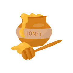Jar of honey with wooden dipper vector Illustration on a white background