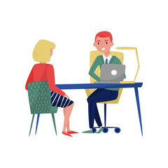 New female employee applicant and boss meeting at his office, jobseeker and employer sitting at the table and talking vector Illustration on a white background